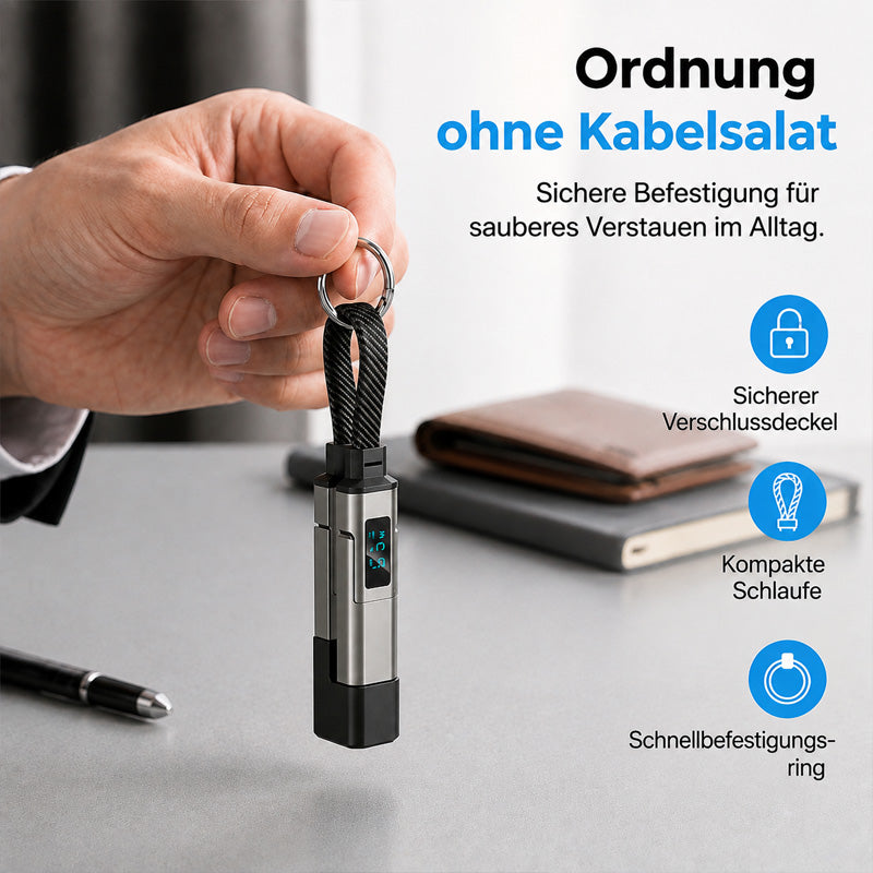 Solenava™ 4-in-1 EDC-Ladekabel – bis zu 65 W Schnellladen, USB-C Schlüsselbund-Kabel mit Digitalanzeige
