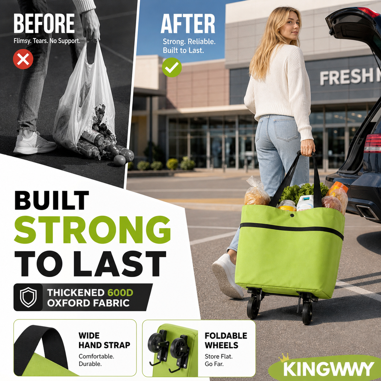 🛒 Foldable Shopping Cart with Wheels | 2-in-1 Rolling Grocery Tote