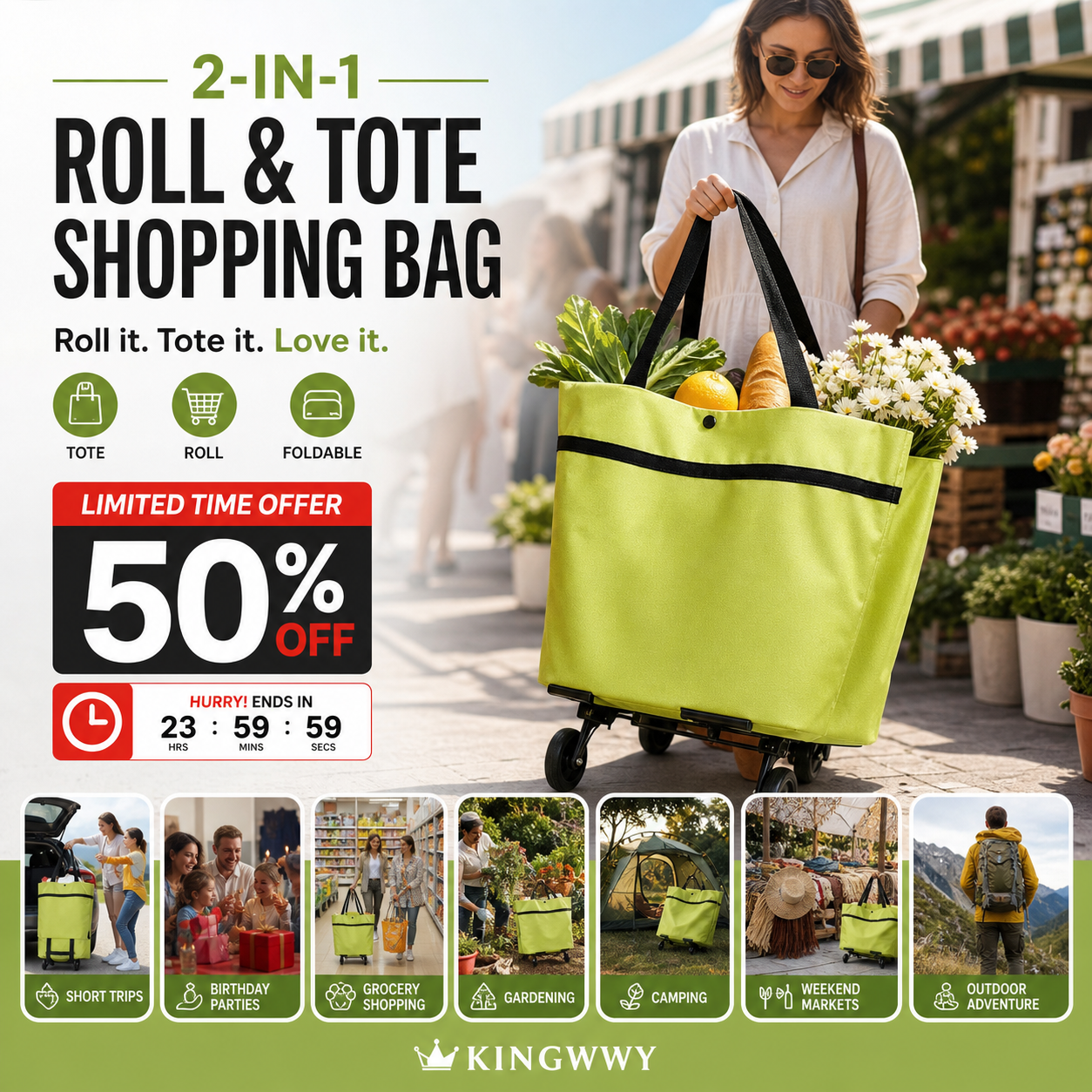🛒 Foldable Shopping Cart with Wheels | 2-in-1 Rolling Grocery Tote